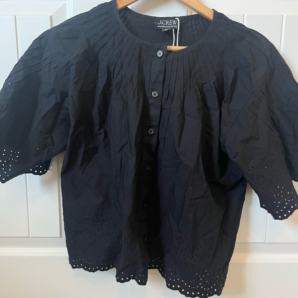 J. Crew Black Eyelet Button-Up Top